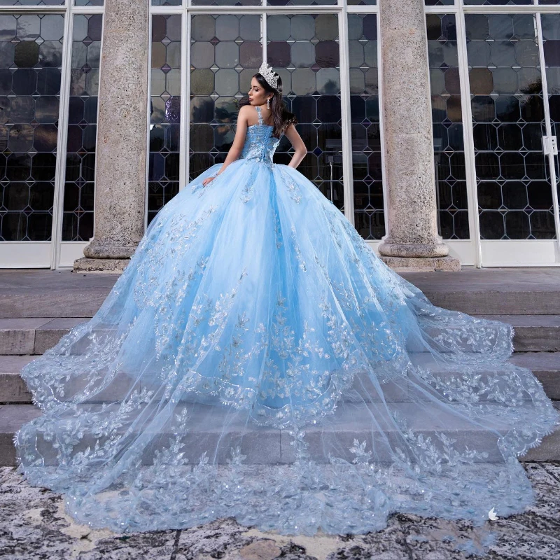 

Sky Blue 16 Quinceanera Dresses Applique Lace Tull Off The Shoulder Party Dress Crystal Beading Ball Gown vestidos de 15