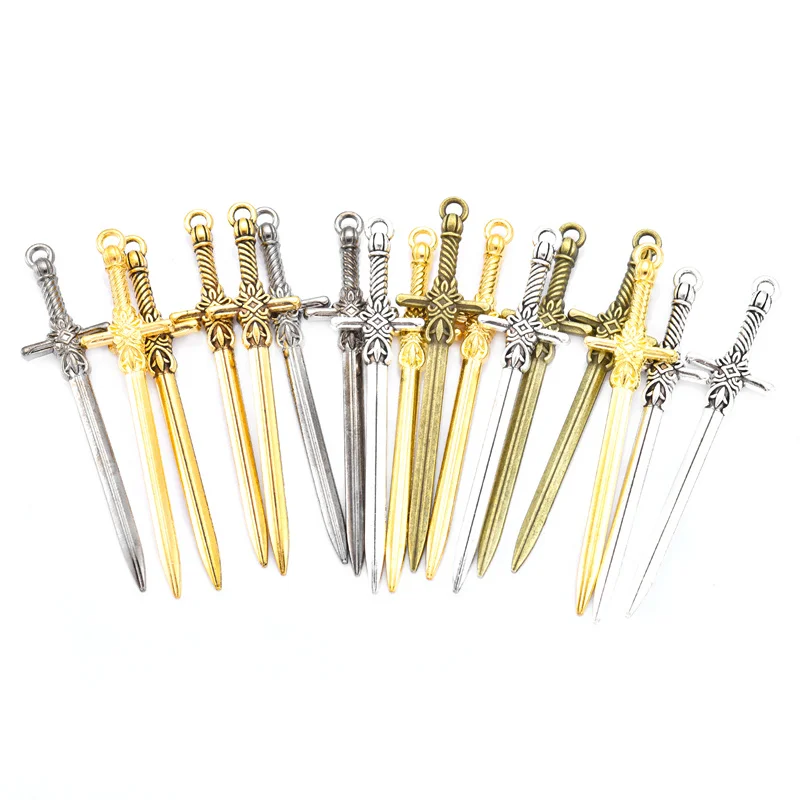 

10PCS 5 colors Mixed Alloy Charms Knight Sword Knife Gun Bow Weapons Pendant For DIY Handmade Jewelry Material 49X12mm