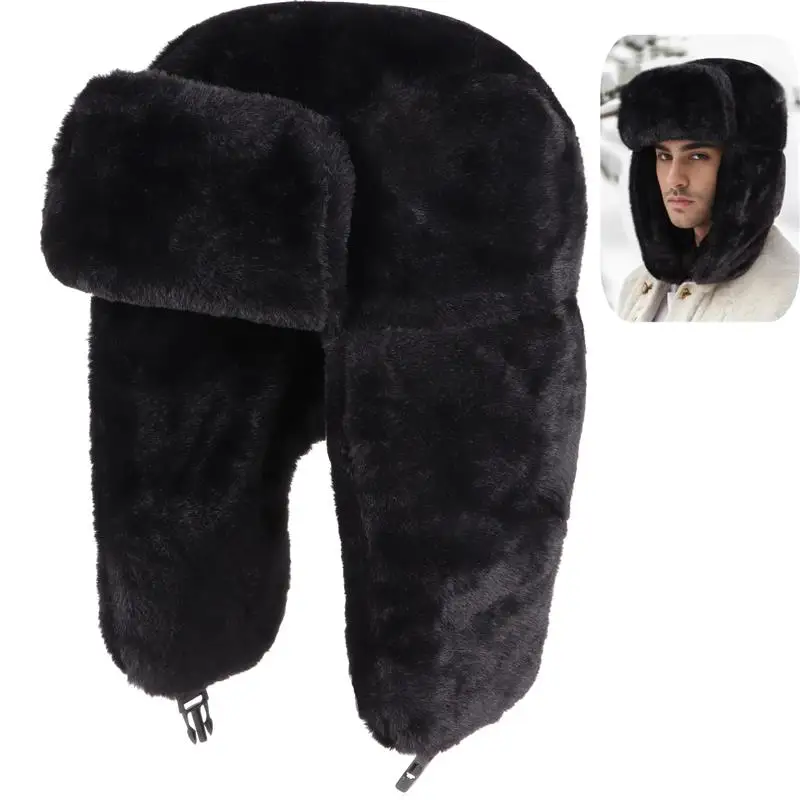 Winter Hat Fur Hat Earflap Hat Black Warm Russian Trooper Hat Trapper Winter Skiing Cap Women Men Windproof Trapper Hunter Furry Hat For Outdoor Winter Pilot