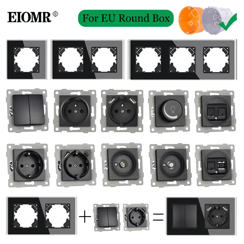 EU DIY Black Crystal Glass Panel Электрические розетки и выключатели с автоматическим сбросом USB Type-C TV RJ45 Cat 6 Модуль для круглой коробки