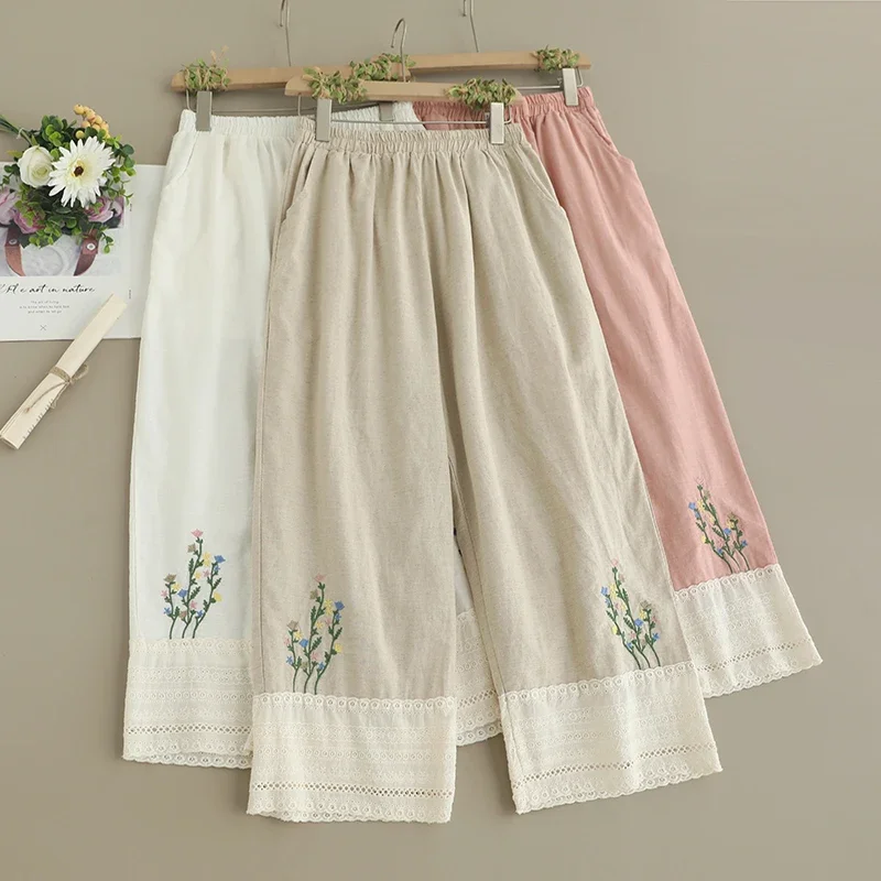 Spring Sweet Mori Girl Floral Embroidered Straight Pants Women Elastic Waist Casual Loose Vintage Cotton Linen Pants