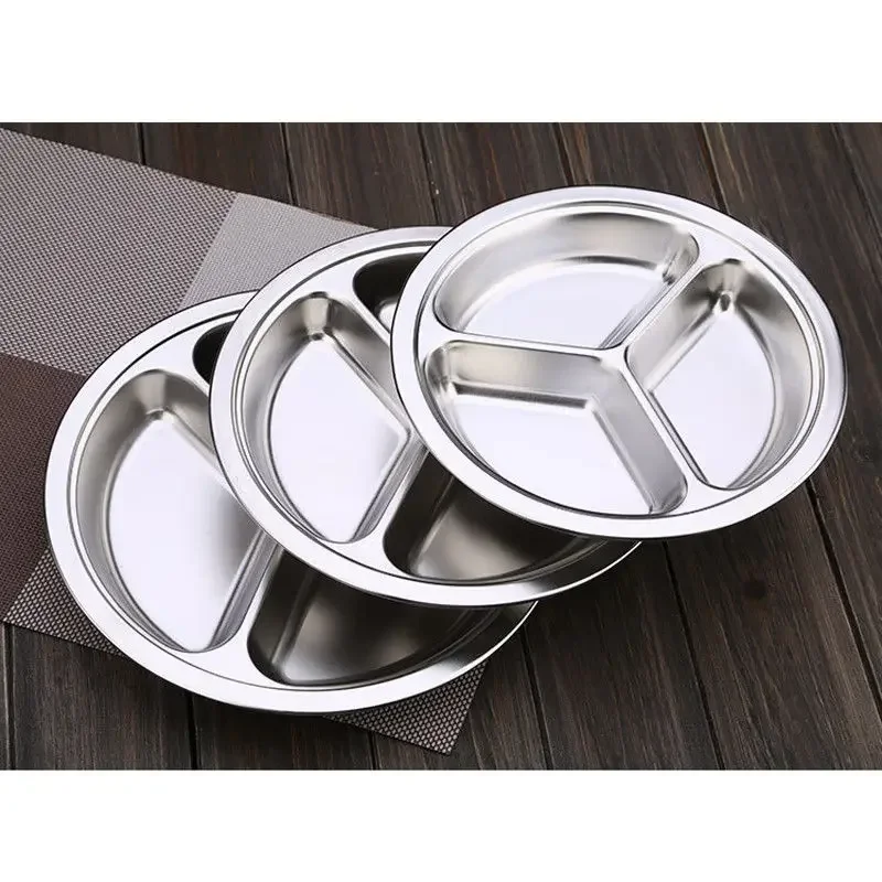 Stainless Steel Dinner Plate 3 Sections Round Divided Dish Children Fruit Snack Tray Baby Bowls Kitchen Tableware Dia 22/24/26cm stainless steel plates