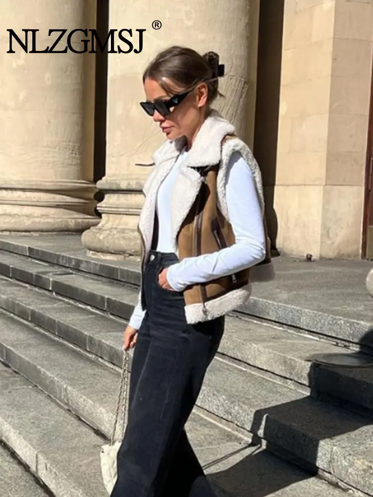 

Nlzgmsj TRAF 2023 Autumn Winter Waistcoat Loose Thicken Lapel Jacket Coat Women Chic Tops Outwear Street Sleeveless Vest