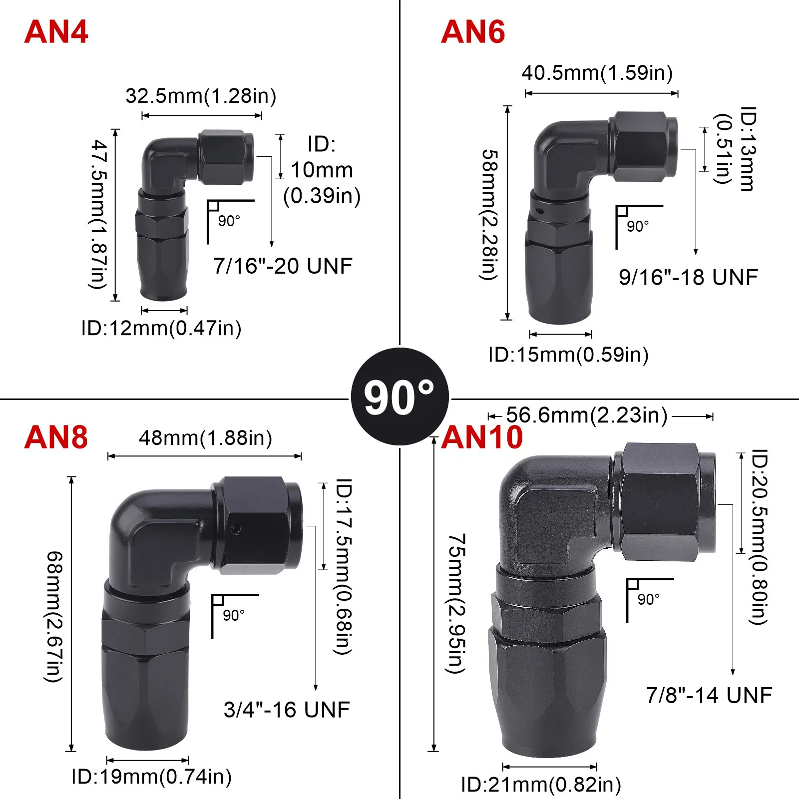 Für Auto CPE Öl- und Kraftstoffleitung 45 Grad 90 Grad Aluminium AN4 AN6 AN8 AN10 Geschmiedeter Typ Schwenkbarer Schlauchanschluss Adapter Schwarz 10 Stück – Detail 2