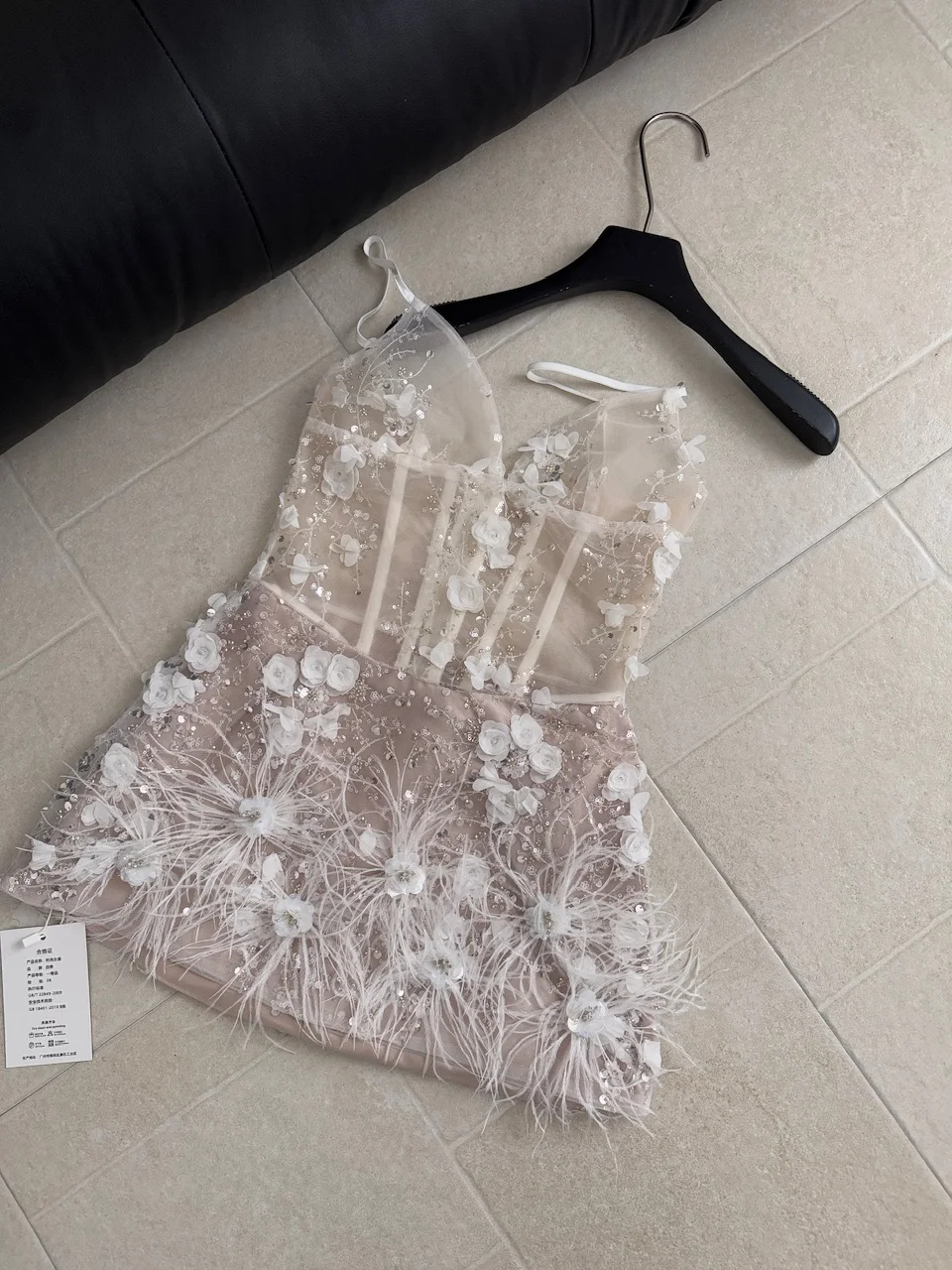 Women's Spring Summer Elegant Strap Feather Patchwork Sequined Mini Dress Lady Holiday Party Sexy Fishbone Waist Mini Dress