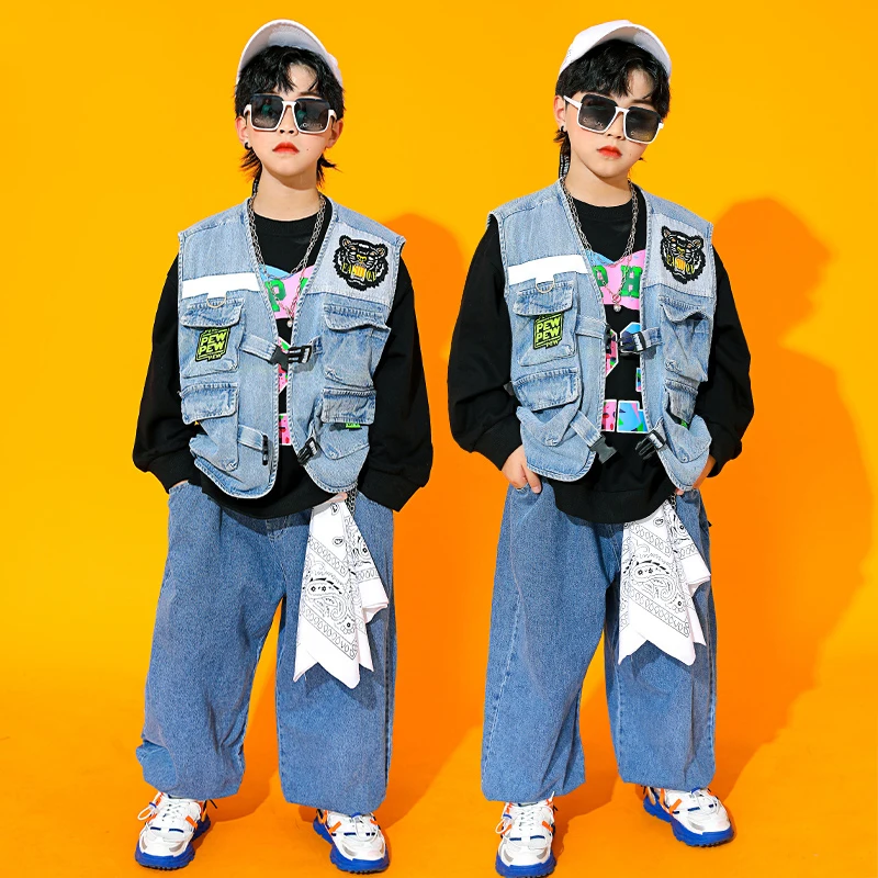 

2022 Jazz Modern Dance Costumes For Kids DenimTops Loose Pants Sreetwear Ballroom Hip Hop Dance Clothes Stage Outfits DQS8766