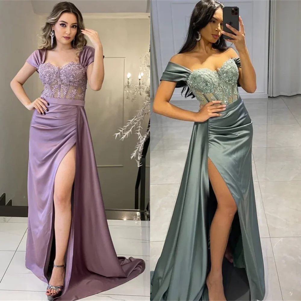 

Elegant Off-the-shoulder Sheath Prom Dresses Alencon lace Satin Floor length Evening فساتين السهرة vestidos de noche