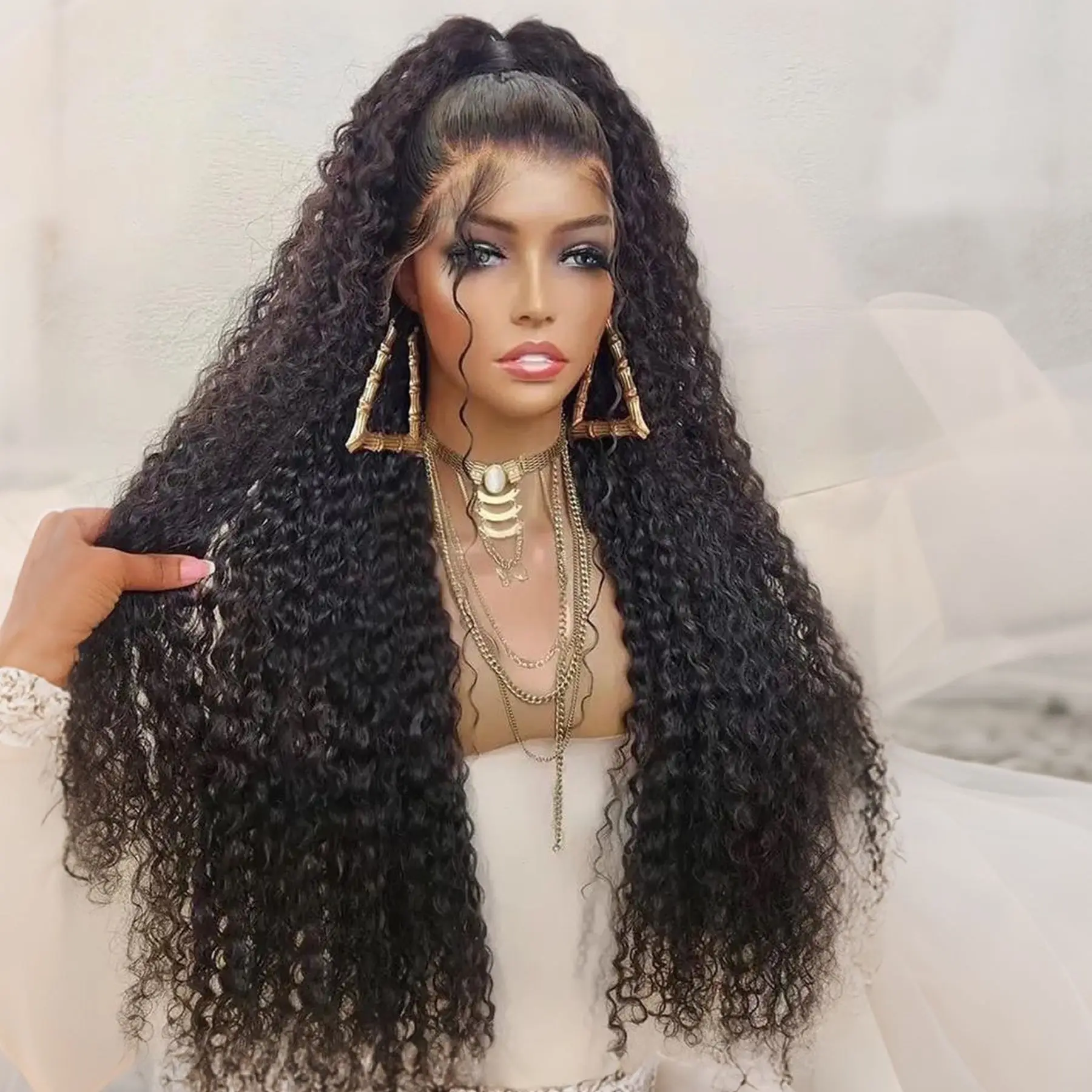 13X4 Lace Frontal Synthetic Long Wig For Black Women Jerry Curly Natural Black Color Wet And Wavy Hairline Preplucked Cosplay