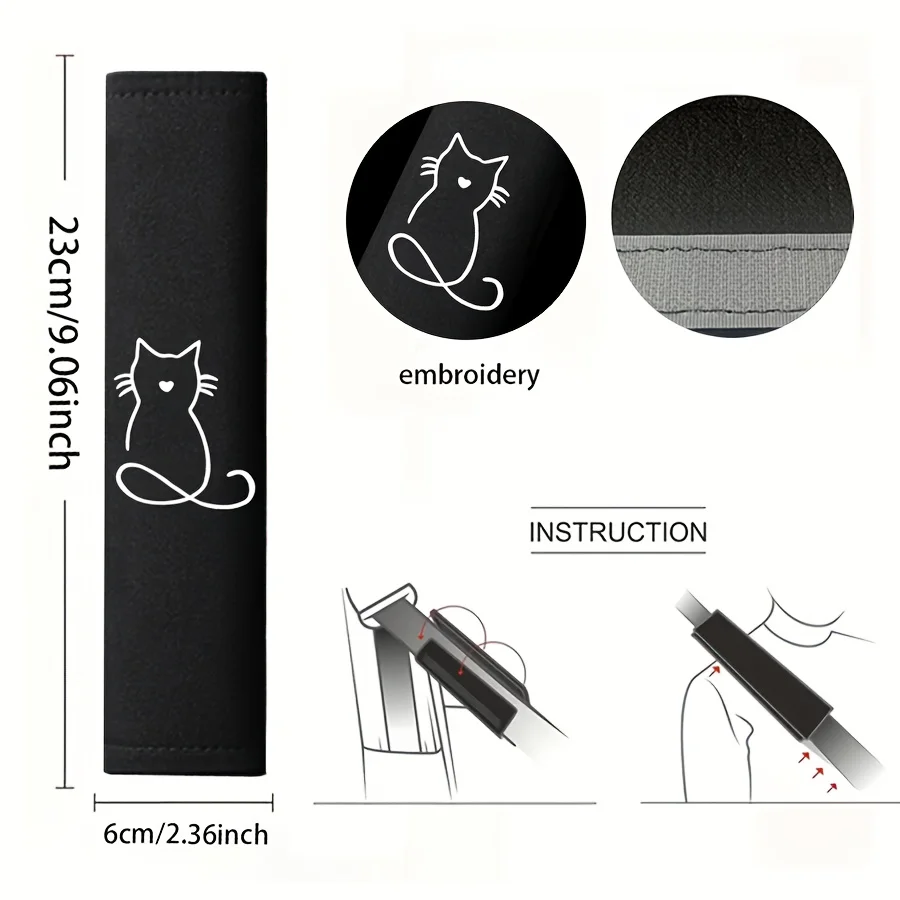 1쌍 자수 새끼 고양이 자동차 안전벨트 어깨 패드 부드러운 섬유 소재 유니버설 아이스 실크 커버 손끼임 방지 내부 안전 액세서리