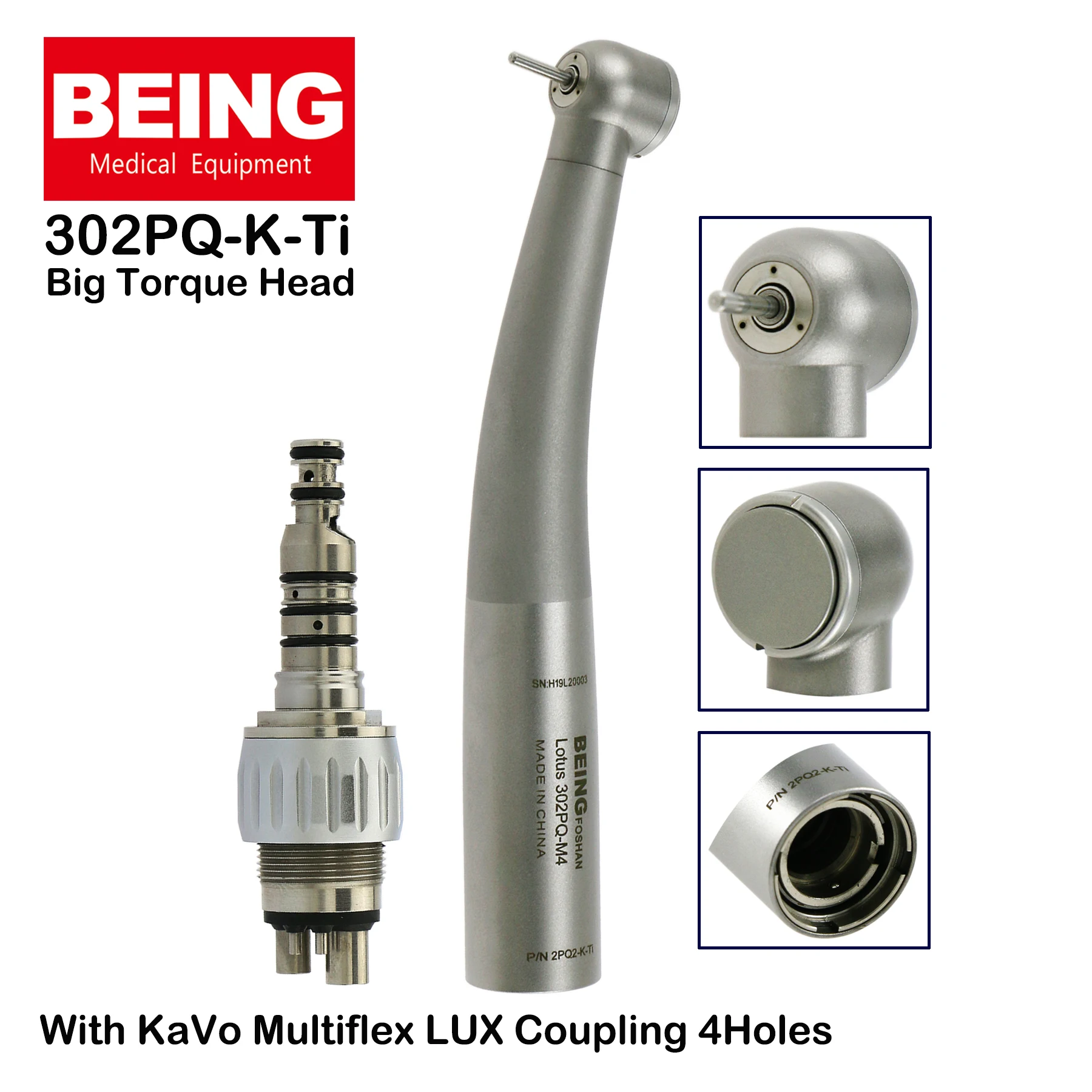 

BEING Dental High Speed Air Turbine Big Torque Head Handpiece 302PQ-K-Ti With KAVO Multiflex LUX Coupler Coupling 4Holes