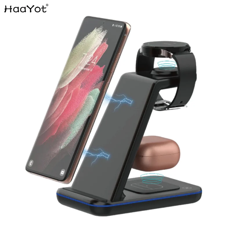 HAAYOT 3 in 1 Wireless Charger Stand For Samsung Galaxy Watch 3/4 Active 2/1 Fast Charging Dock Station For S22 S21 S20 iphone
