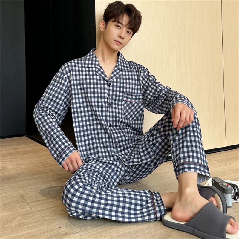 Spring Autumn Men's Thin Printed Pajamas Lapel Long Sleeve Cardigan Pants Two Piece Set Oversized Casual Home Clothing