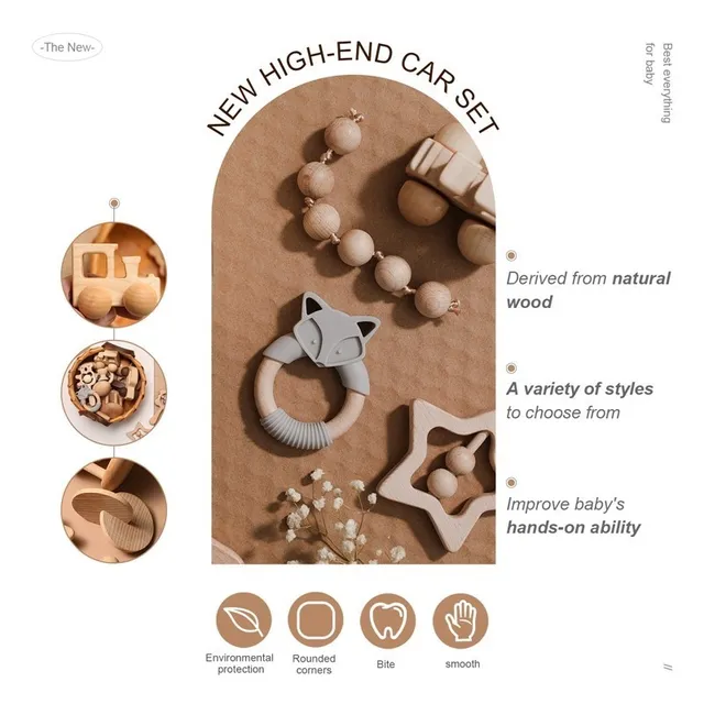 Montessori Baby Wooden Toys Early Education Rattle Toy for Kids Bracelets Beech Fox Teether Car Toys Infant Nursing Gift Set 2