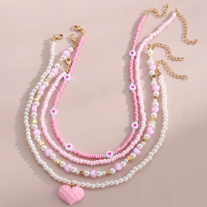 Jewelry Set Pink Love Butterfly Pendant Imitation Pearl Rice Beads Handmade Beaded Children Chain Necklace Good Friend Gift