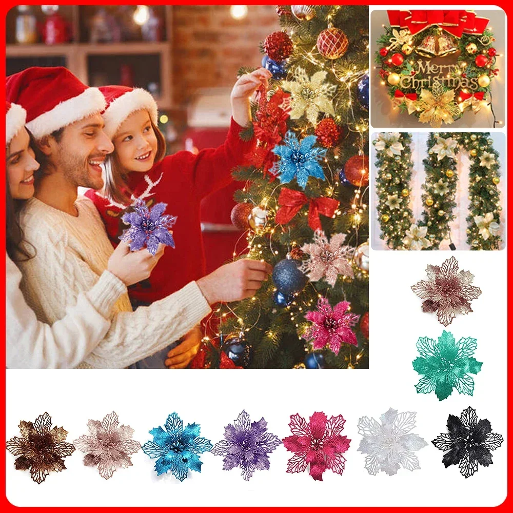 5Pcs 9cm Glitter Artificial Christmas Flowers Xmas Tree Ornaments Merry Christmas Decorations for Home New Year Gift Navidad
