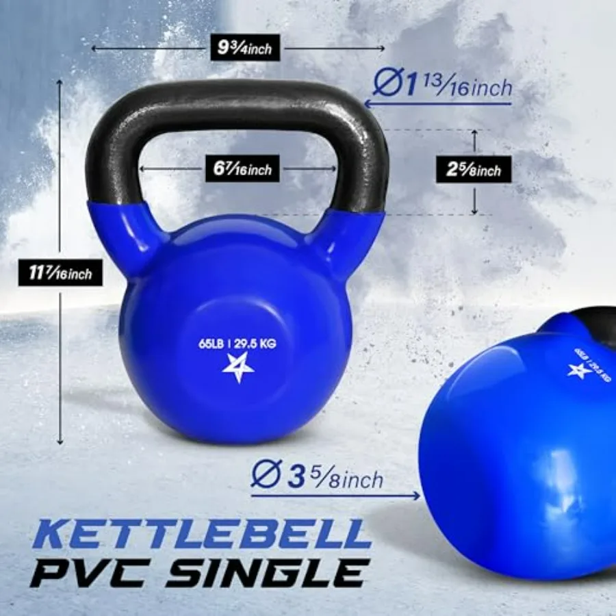 Kettlebell, 65 LB Vinyl Coated Cast Iron Strength Training Kettlebells for Home Gym Exercises, Fitness, Full Body Workout Equipm