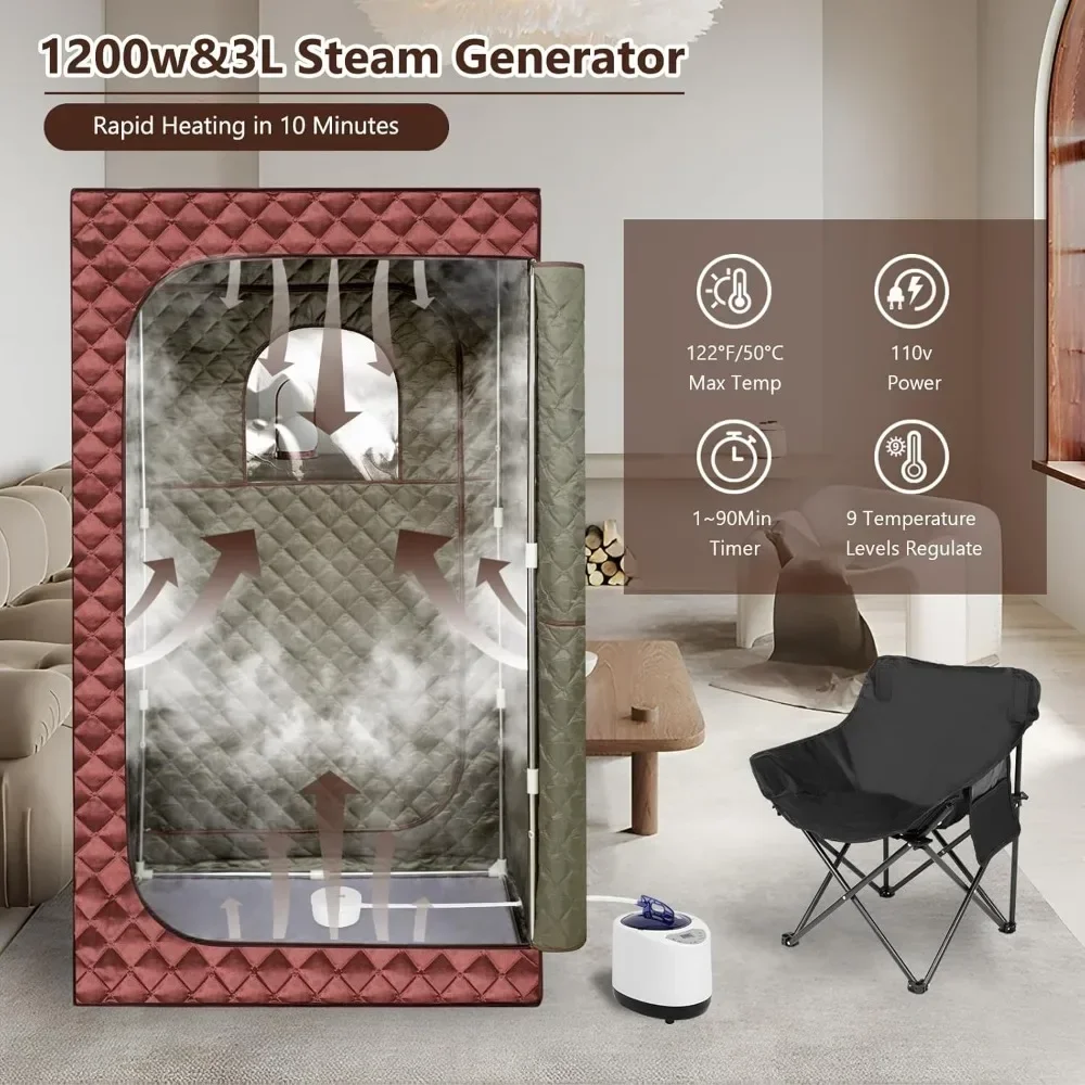 Portable Home Steam Sauna, 3L Steam Engine Sauna Tent, Remote Control, Folding Chair (brown), Full-size Personal Sauna Room 3