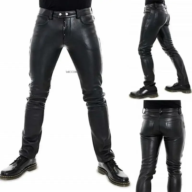 Men Solid Color PU Elastic Leather Pants Solid Color Full Length High Waist Pants