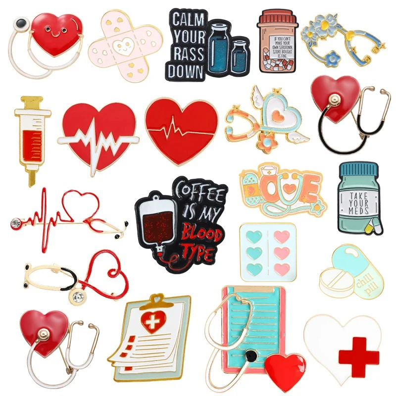 의료 에나멜 브로치 심장 자극 ECG 온도계, 주사기 알약 혈액