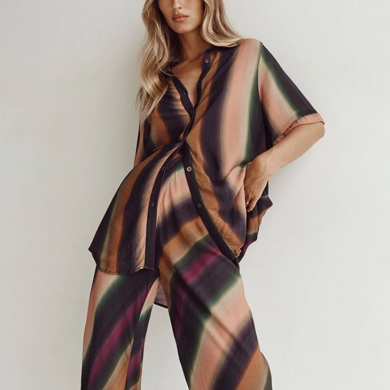 Summer New Casual Suit Women's Five-Quarter Sleeve Striped Printed Shirt High Waist Trousers Two-Piece SuitWlj