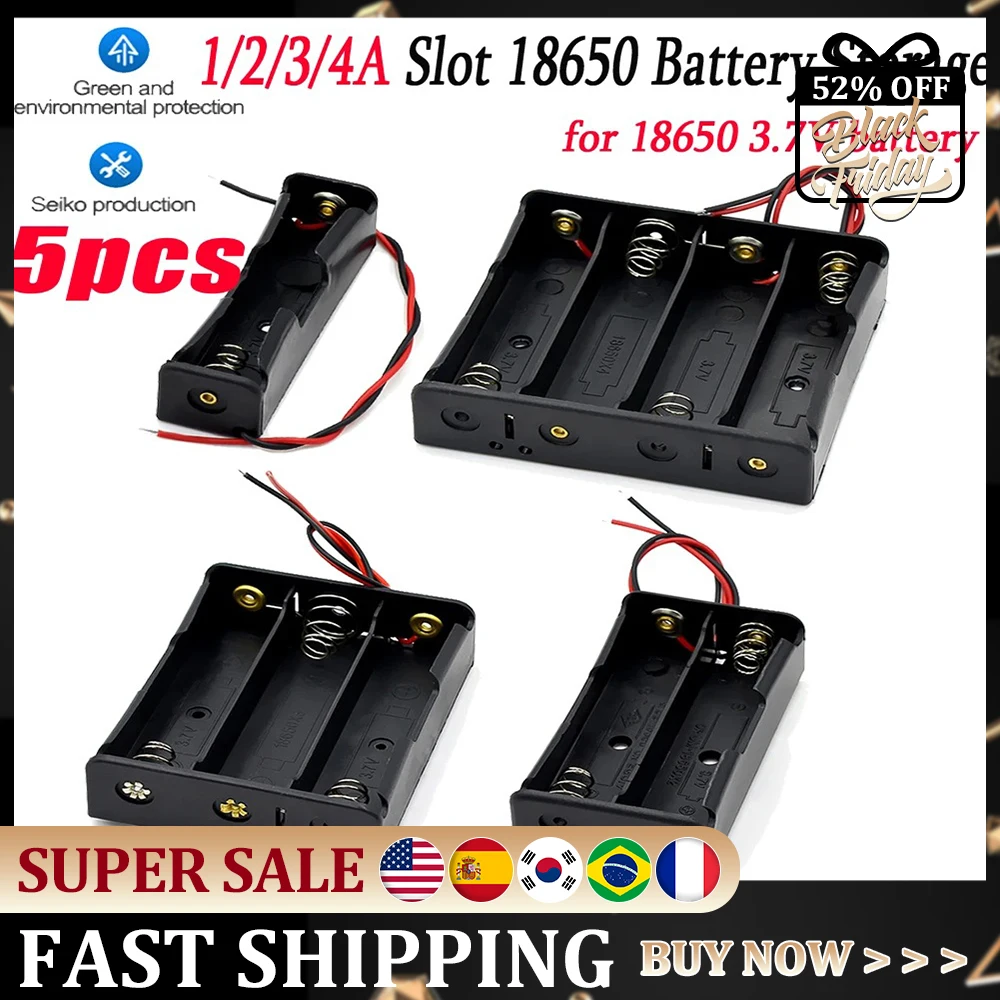 DIY 배터리 클립 거치대 용기 플라스틱 18650 거치대 박스, 18650 3.7V 배터리용 와이어 리드 포함, 1 2 3 4 슬롯