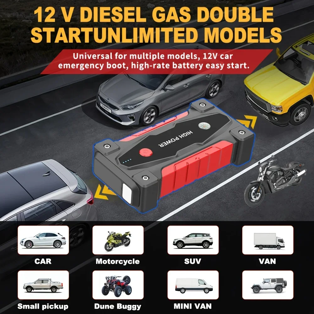 2500A Car Emergency Battery Booster for 8.0L Gas/6.0L Diesel Engines Built in Safety Hammer QC3.0 Fast Charging Dual USB Ports