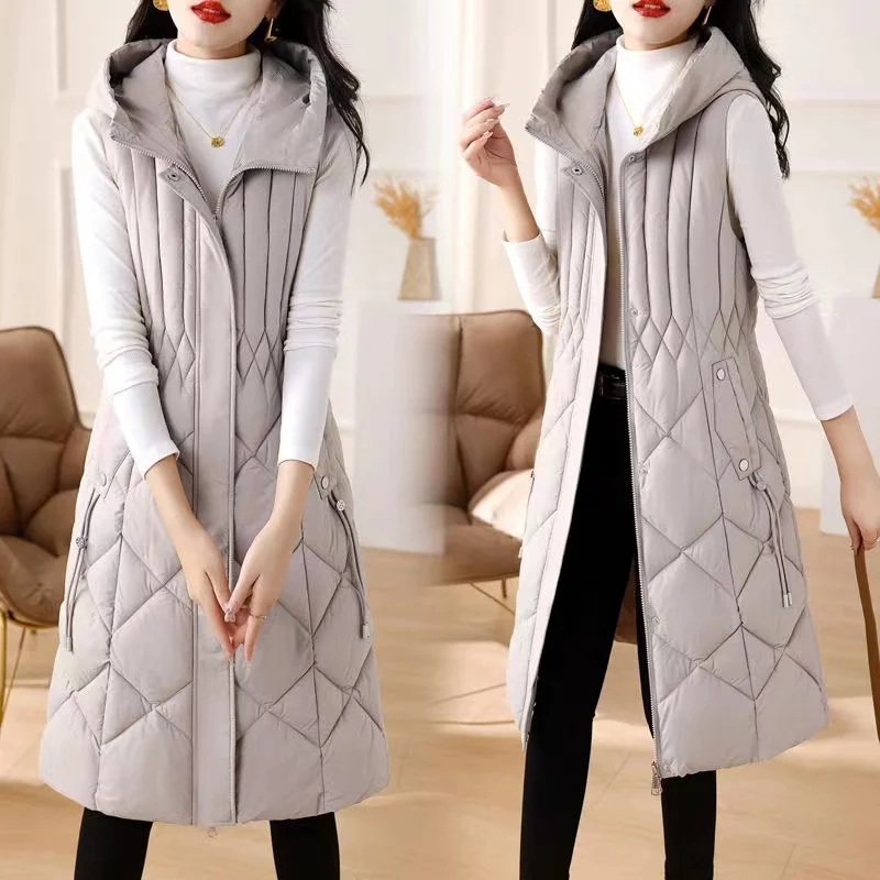 

2024 New Winter Women Vest Cotton Coat Harajuku Hooded Long Coat Warm Overcoat Vests Sleeveless Jacket Female Outwear Streetwear