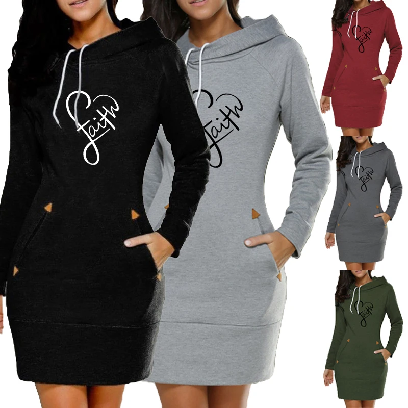 Fashion Sweatshirt Dresses for Women Pocket Hooded Casual Dress Solid Color Long Sleeve Mini Dress