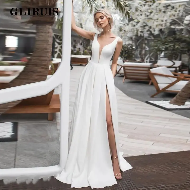 

Элегантное простое свадебное платье с Боковым Разрезом, белое атласное платье цвета слоновой кости для невесты, свадебное платье до пола с открытой спиной без рукавов, Robe Mariage