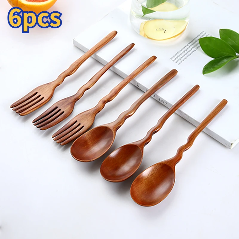 Creative Curve Fork Spoon Set Solid Wood Long Handle Spoon Household Dinner Fork Solid Wood Tableware