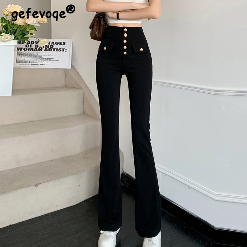 Women Korean Fashion Retro Elegant Chic High Waist Flare Pants Y2K Black Button Pockets Slim Stretch Trousers Female Pantalones