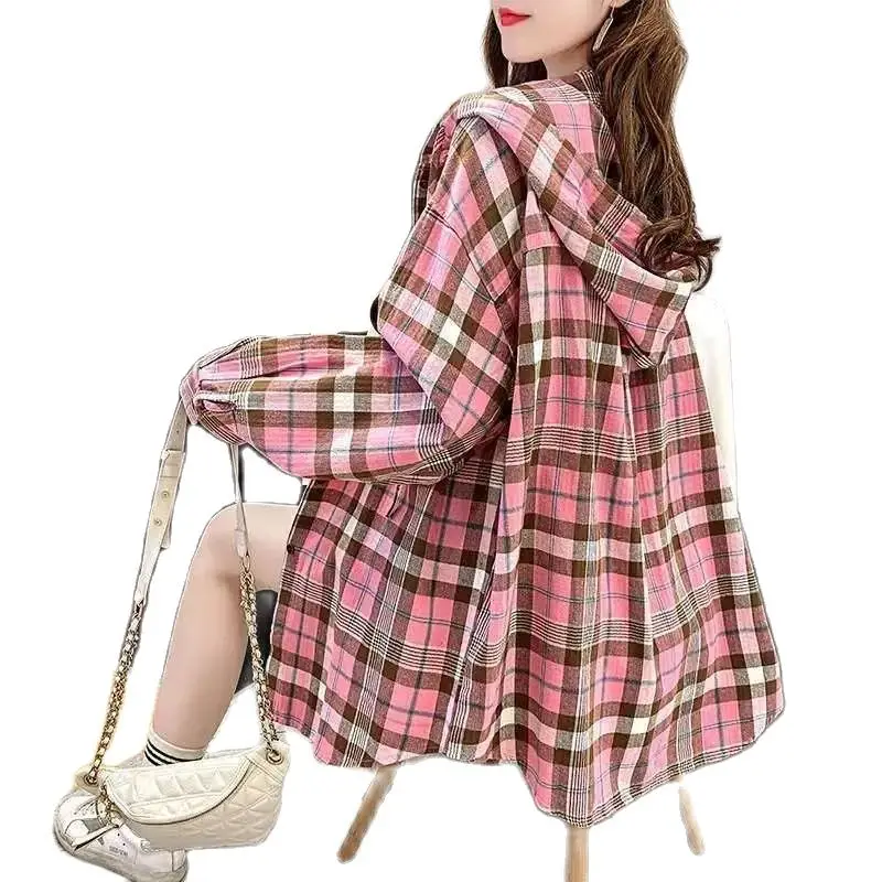 

Модная рубашка в клетку с начесом женская рубашка одежда в Корейском стиле весна-осень тонкая рубашка с капюшоном куртка в стиле ретро повседневные женские топы 2023