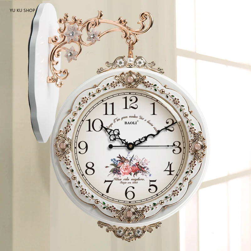 Inches Luxury European Silent Wall Clock Retro Living Room Double Sided Reversible Wall Clock in White Vintage Flower Home Decor 3