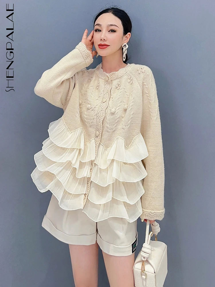 

SHENGPALAE Autumn 2023 New Mesh Ruffles Patchwork Sweater For Women Fashion O-neck Casual Versatile Knit Cardigan Female 5R5936