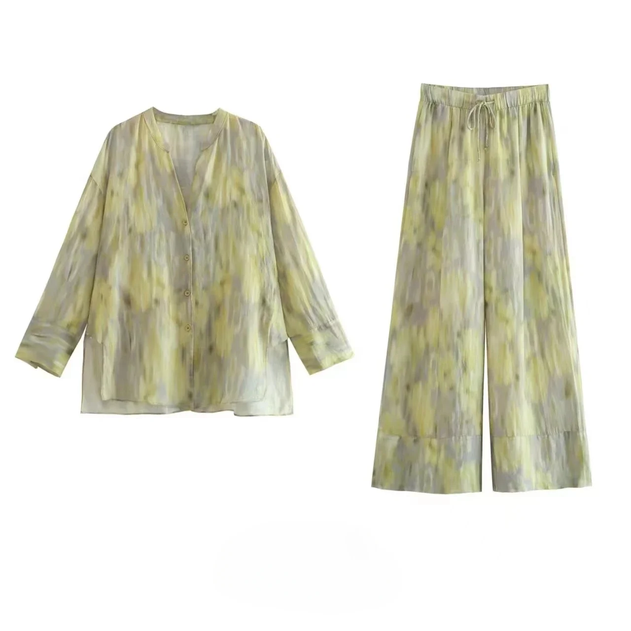 Women Clothing Set Spring New Pant Sets Tie Dyed Silk Satin Texture Printed Shirt MidWaist Straight Leg Pants