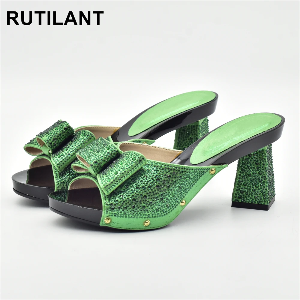 

Latest Green African Shoes Women Slides Summer Style Bright Color with Slippers for Woman Wedding Parties Shoes Nigerian Shoes