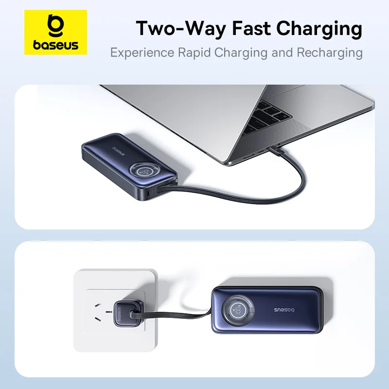Baseus 67W 20000mAh Power Bank Built-In Retractable USB-C Cable 45W 10000mAh Power Bank PD External Battery Charger PowerBank