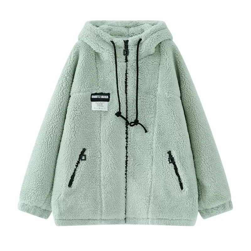 Mint Green Lamb Plush Coat Women's 2022 Autumn Winter Plus Velvet Thickening Design Sense Niche Hooded Plush Fleece Cotton Coat