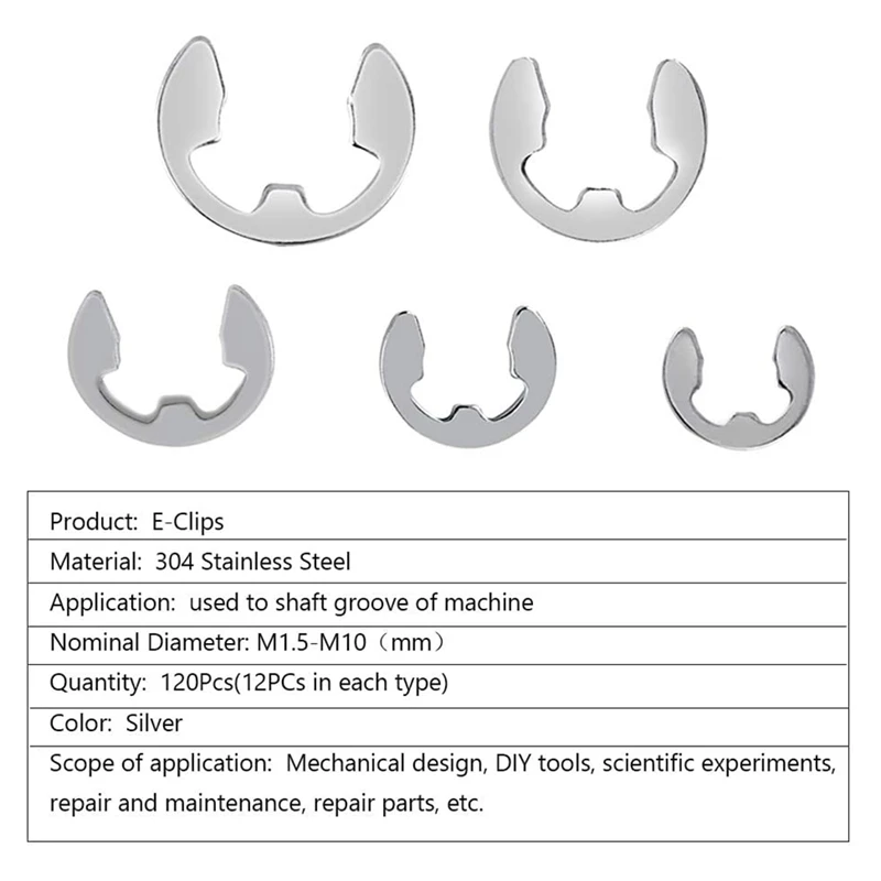 서클립 콤비네이션 탄성 안전 링, 스테인레스 스틸 (304) E-클램프 (1.5mm-10mm) 로 만든 120 개