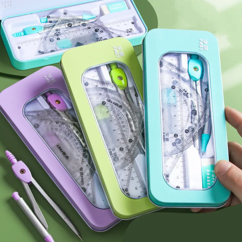 7 piece set of compass ruler in iron box Children ruler triangle rubber ...