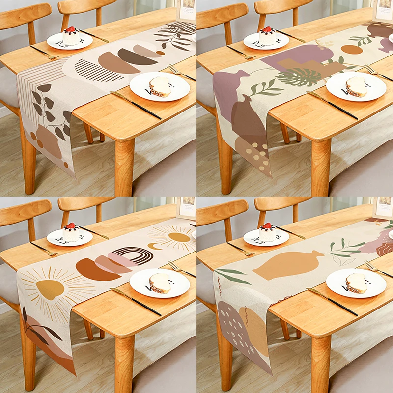 

Morandi Arch Lines Leaves Abstract Pattern Linen Table Runner Cloth Cover Anti-Slip Stain For Dinner Celebrate Party Decor