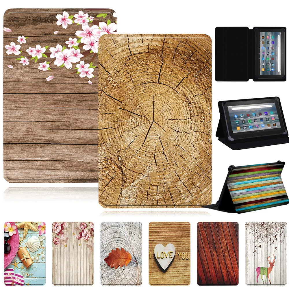 

For Fire 7 12th Gen 2022/HD 10 Plus/HD 10/Fire 7/8 Case Folding Stand PU Shell for Kindle 10th Tablet Case wood Series Print