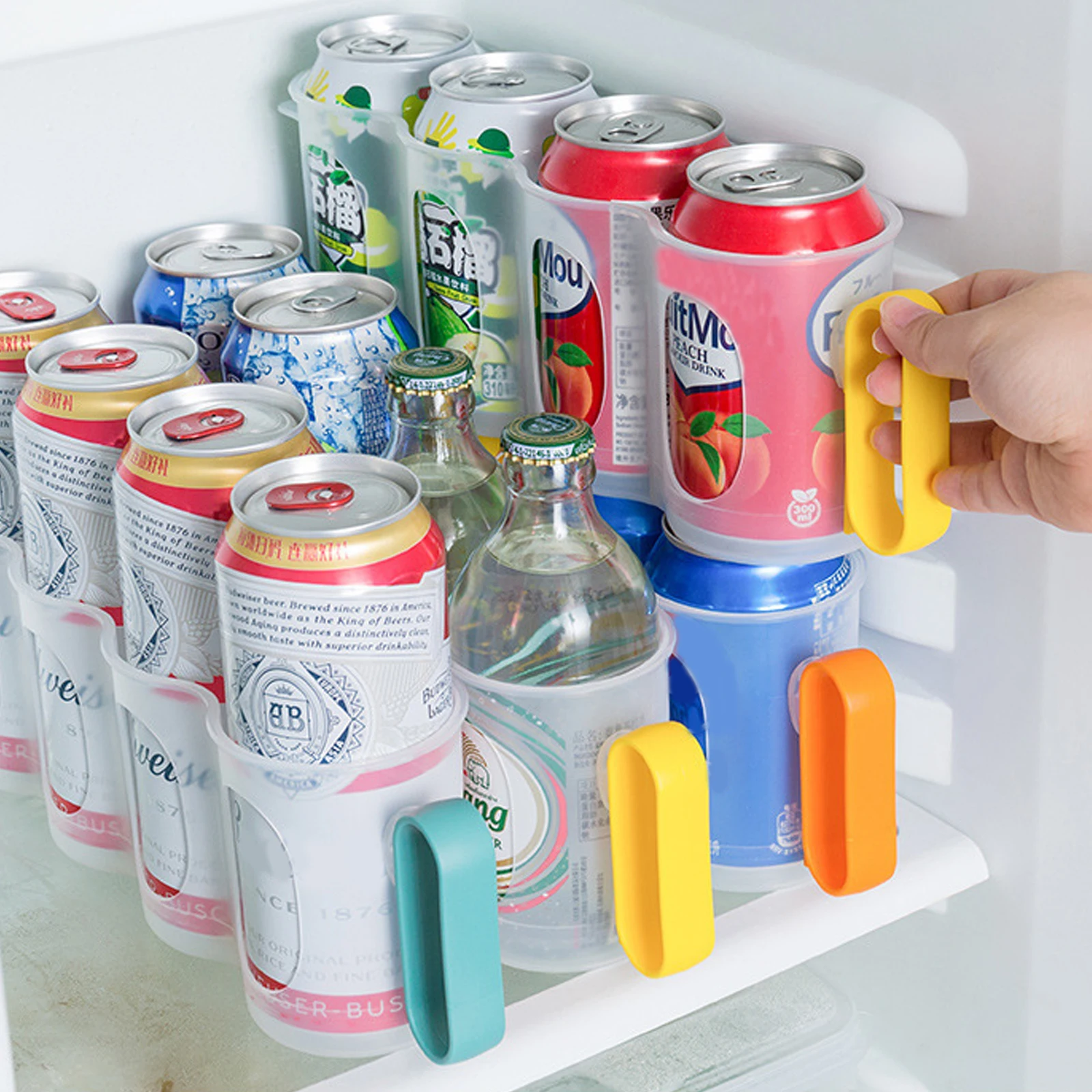 Geruite Fridge Soda Can Organizer Can Beverage Holder for Fridge Space-Saving Juice Drink Pull Can Storage Box Refrigerator Storage with 4 Grids for