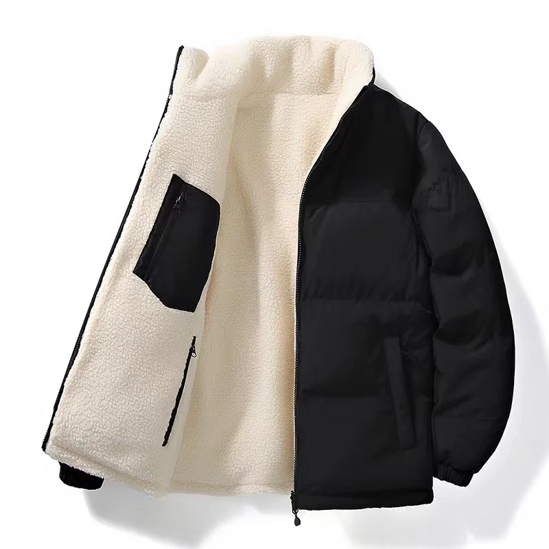 2024 Winter Men's Double-sided Lamb Wool Cotton Coat Stand up Neck Plush Thickened Warm Lamb Down Fashion Versatile Cotton Coat 4