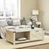 Wooden Farmhouse Living Room Table with Open Storage and Barn Door Design, Oak 2