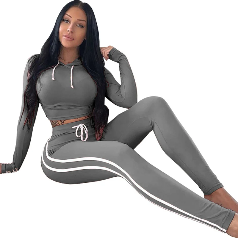 

Sports Fitness Running Stripe Elastic Tight Hooded Drawstring Short Top High Waist Small Feet Pants Two Piece Set
