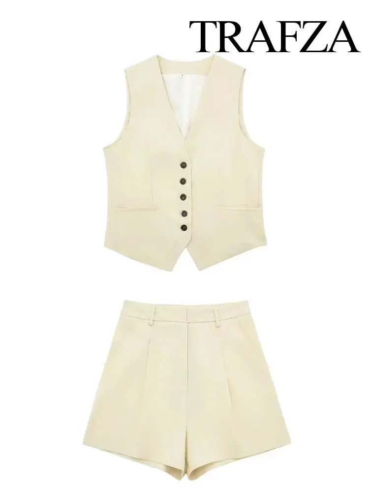 

TRAFZA Women Elegant Solid Button Sleeveless Linen Shorts Set Vintage Casual V Neck Chic Vest Set 2024 Women's Office Lady Suit