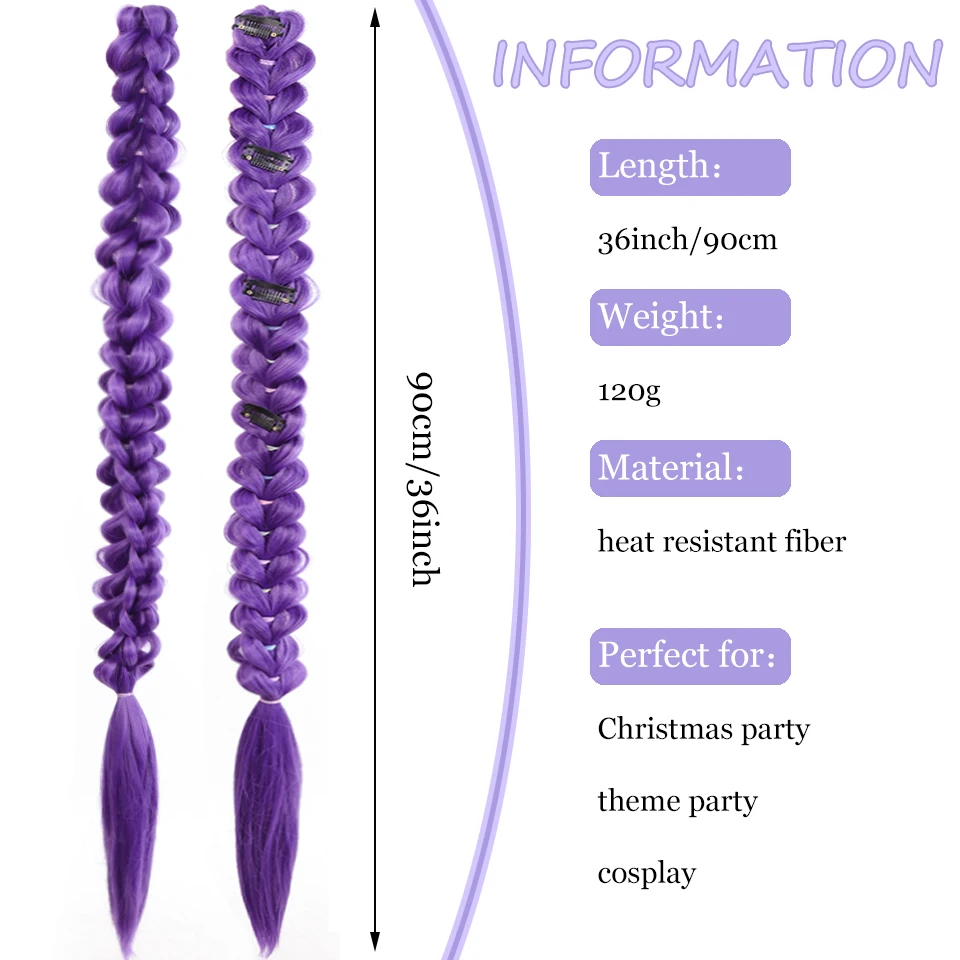 합성 땋은 보라색 머리 포니테일 어린이 의상 헤어스타일 36인치 긴 포니테일 클립 포함 어린이 소녀 할로윈 크리스마스용