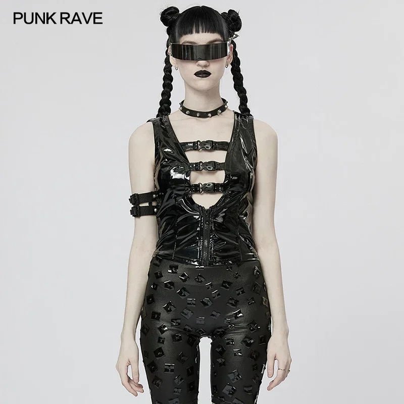 

PUNK RAVE Women's Punk Style Hollow Out Sexy Slim Patent Leather Vest Handsome Cool Short Tops Tees Spring/Summer