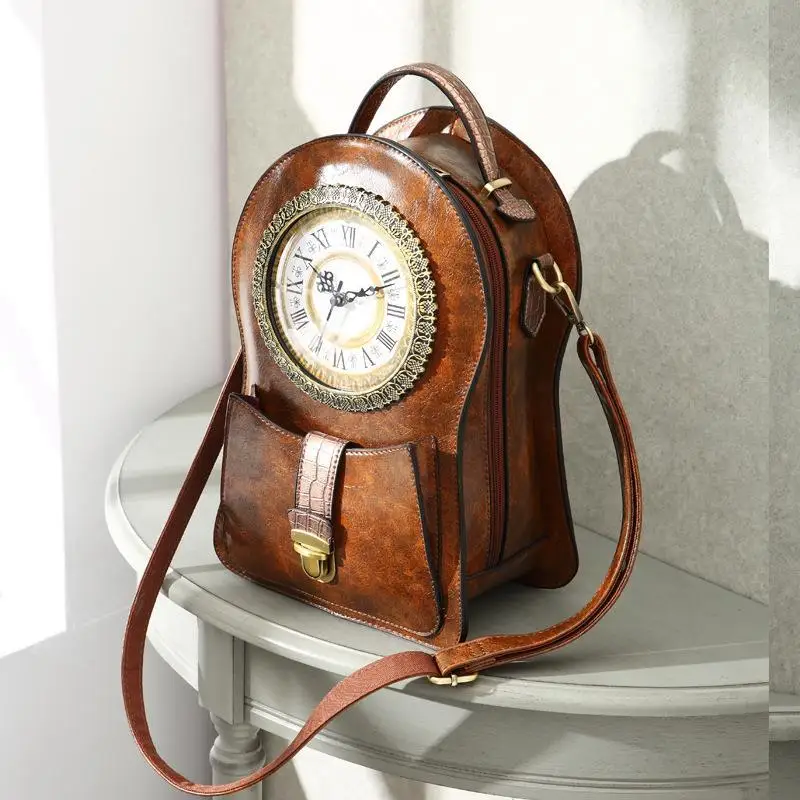 Retro Unique Clock Women's Backpack British Style Personalized Design High Quality Pu Leather Printing Crossbody Women's Bag New